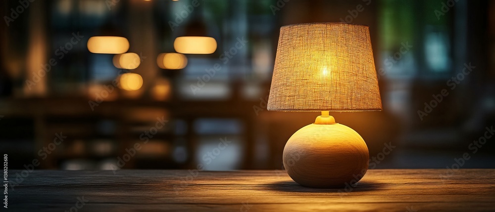 A table lamp is lit up and sitting on a wooden table