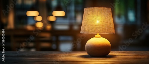 Obraz na płótnie A table lamp is lit up and sitting on a wooden table w salonie