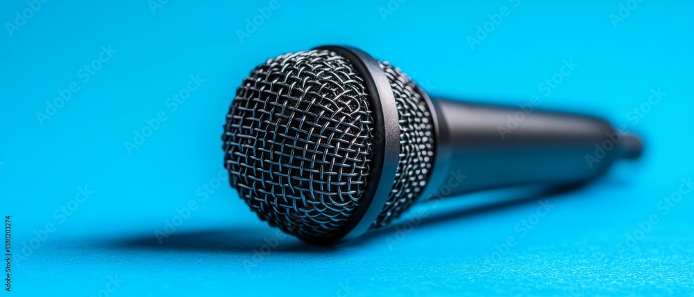 Stylish black microphone on a vibrant blue background perfect for podcasting and voice overs in modern studios