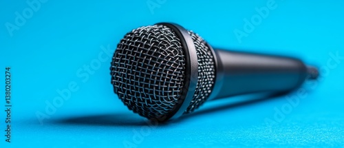 Obraz na płótnie Stylish black microphone on a vibrant blue background perfect for podcasting and voice overs in modern studios w salonie
