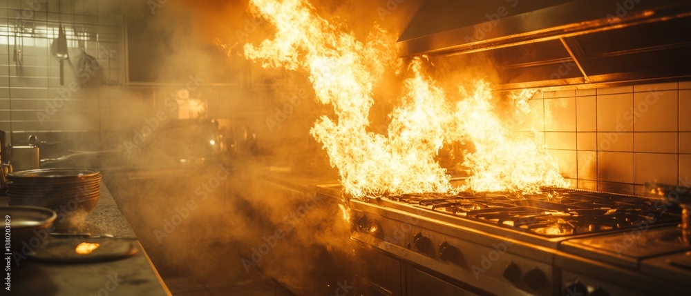 Professional restaurant kitchen fire. Flames rise from stove, smoke fills room. Food service industry faces work accident, safety hazard, insurance claim after domestic burn disaster.