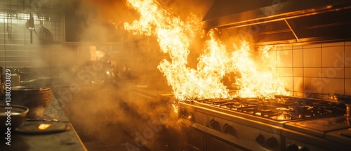 Obraz na płótnie Professional restaurant kitchen fire. Flames rise from stove, smoke fills room. Food service industry faces work accident, safety hazard, insurance claim after domestic burn disaster. w salonie