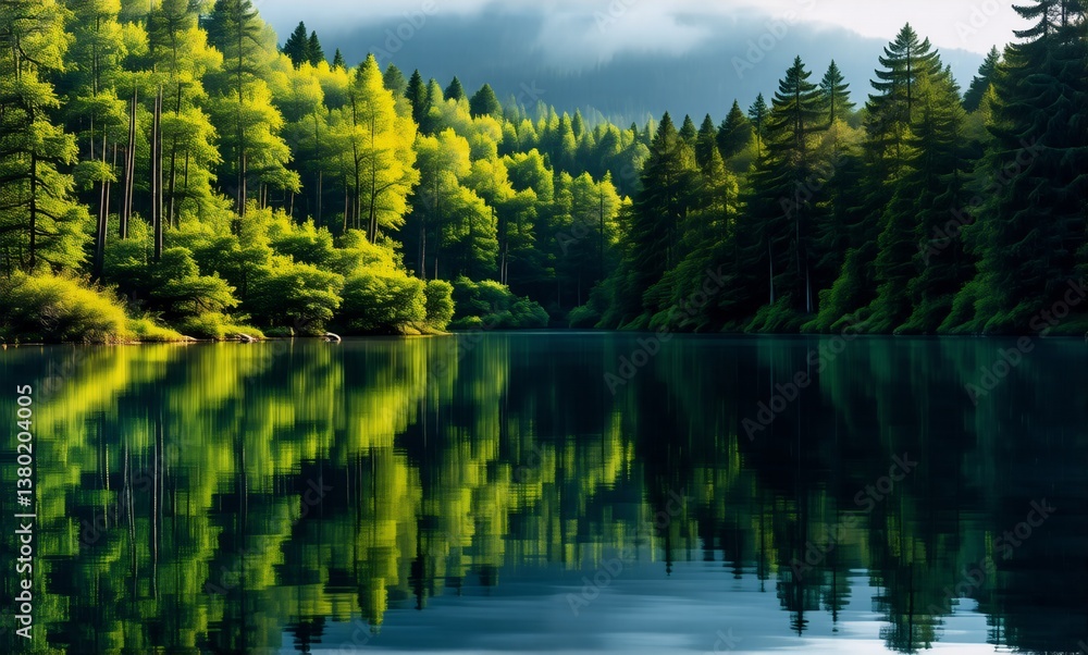 Calm lake reflects lush green forest with varied trees under a cloudy sky. Peaceful nature scene with tranquil water and vibrant foliage. Calm lake reflects lush green forest with varied trees under a cloudy sky. Peaceful nature scene with tranquil water and vibrant foliage.