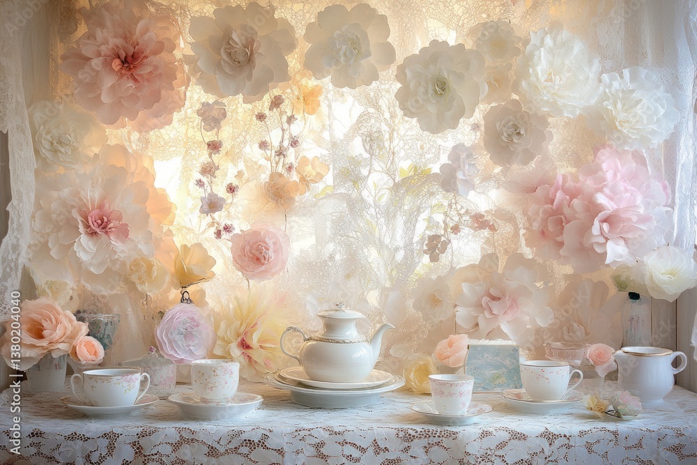Table with a table cloth and a vase of flowers centered on a wooden surface Table with a table cloth and a vase of flowers centered on a wooden surface