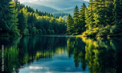 Calm lake reflects lush green forest and distant mountains under a bright sky, creating a serene and peaceful natural landscape.