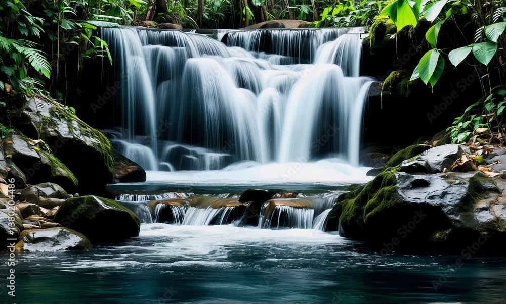 Fototapeta premium A scenic waterfall gracefully descends over moss covered rocks into a calm pool, surrounded by vibrant green foliage in a peaceful forest.