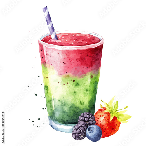 A watercolor vector of a mixed berry green tropical smoothie, isolated on a white background. Smoothie berry green tropical vector

