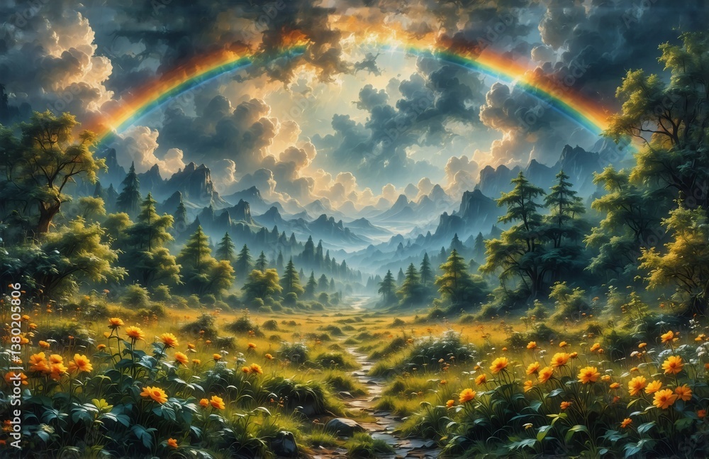 Obraz premium A vibrant rainbow arches over a lush landscape with flowers in the foreground, trees framing the sides, and mountains fading into a cloudy sky.
