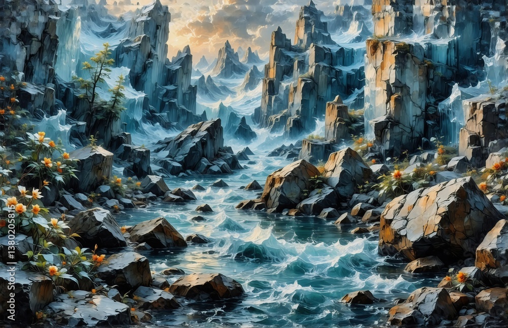 Stunning mountain river landscape with stream flowing through rocks, wildflowers, cloudy sky, creating serene picturesque scene. Stunning mountain river landscape with stream flowing through rocks, wildflowers, cloudy sky, creating serene picturesque scene.