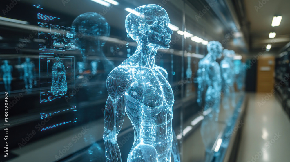 A holographic anatomy model being used for advanced nursing education in a modern lab A holographic anatomy model being used for advanced nursing education in a modern lab
