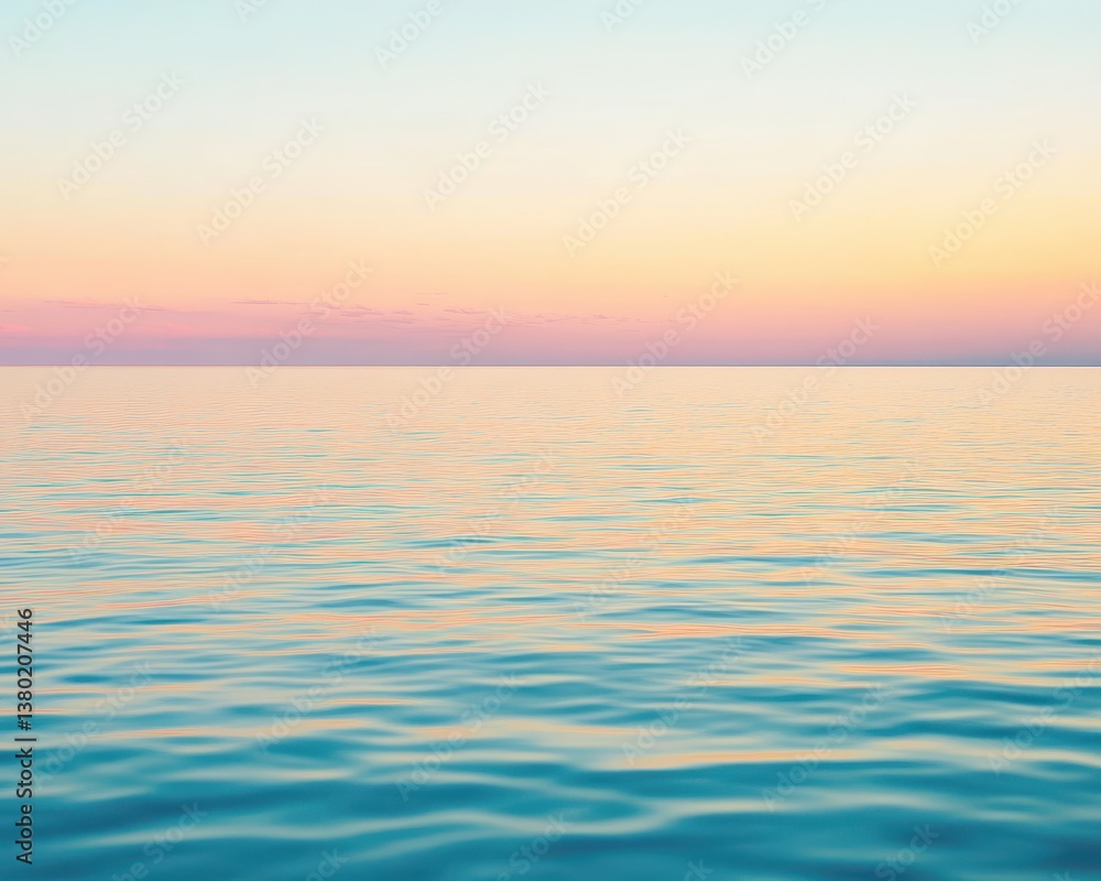 Obraz premium Tranquil sunset over a glassy ocean surface, pastel summer hues reflecting in the still water