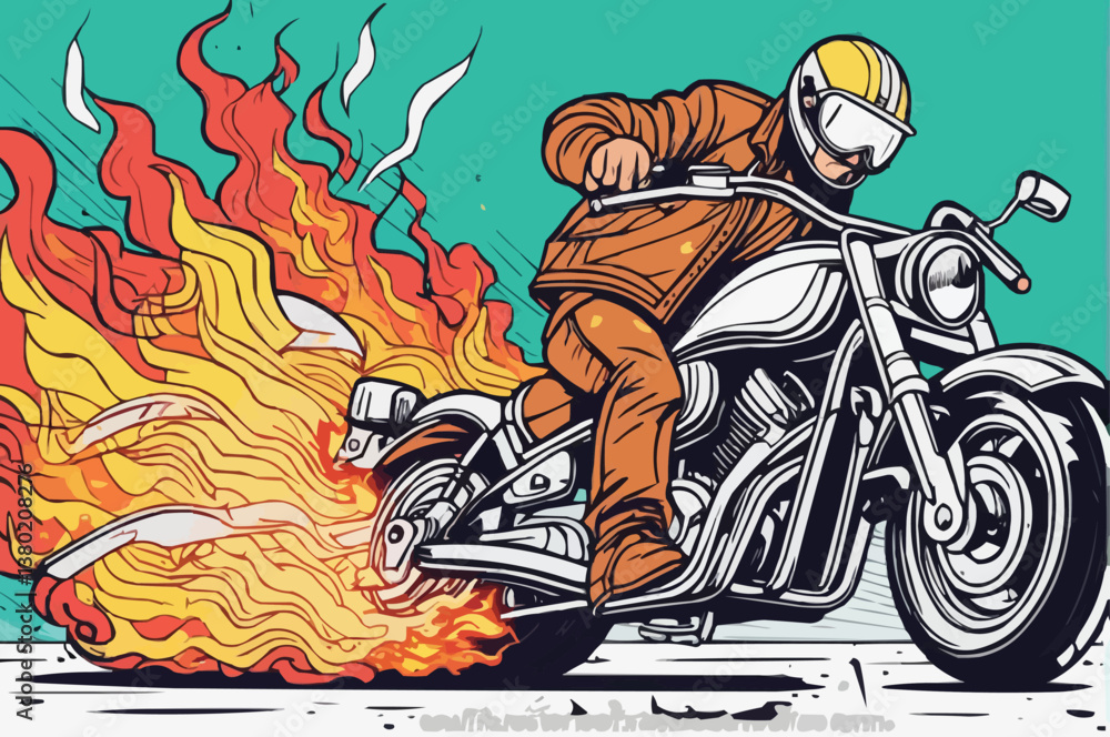 Fototapeta premium A man driving a motorcycle with fire in an accident 
