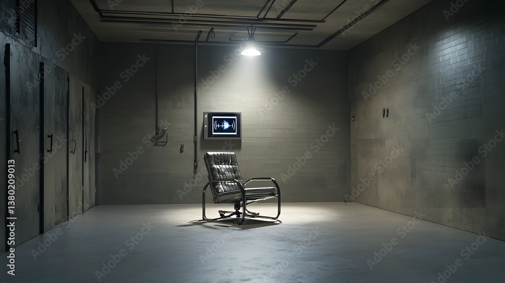 Naklejka premium A stark and ominous interrogation room featuring a metal chair illuminated by a single harsh spotlight creating an atmosphere of tension and suspense
