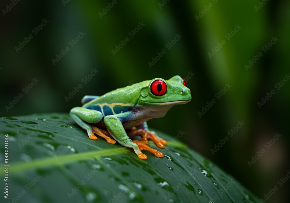 Naklejka premium Vibrant Red-Eyed Tree Frog on Leaf, Nature Photography, Rainforest Habitat, Amphibian Wildlife Portrait.