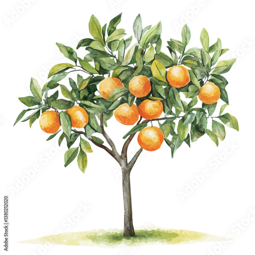 A watercolor vector of an orange tree, isolated on a white background. Orange tree vector

