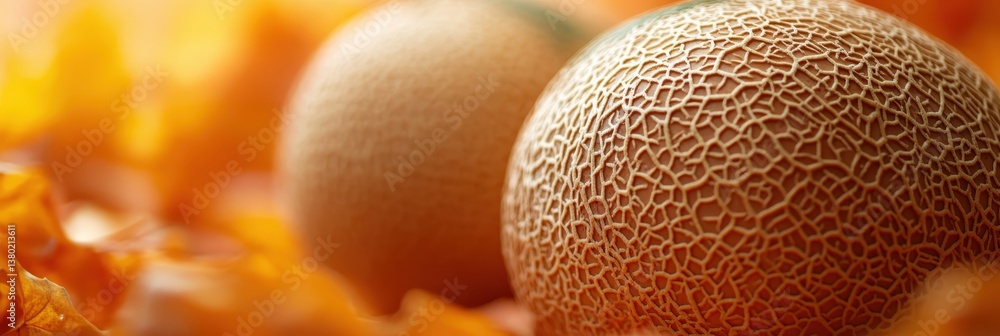 Close-up of Two Ripe Cantaloupes on a Warm Orange Background Close-up of Two Ripe Cantaloupes on a Warm Orange Background
