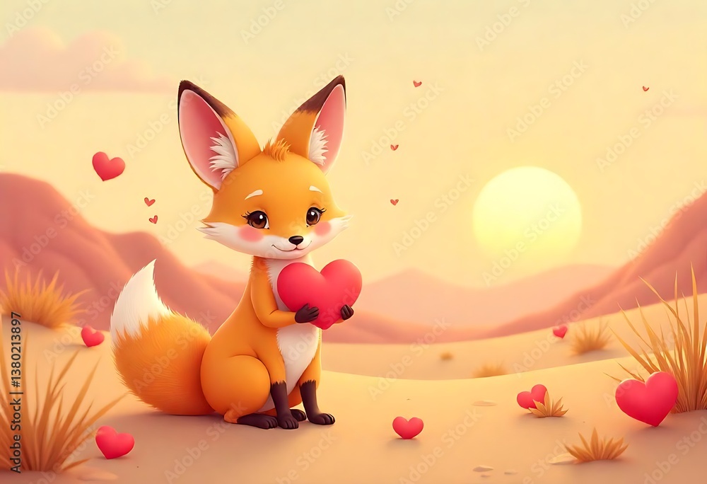 Fototapeta premium Cute fox holding hearts cartoon illustration