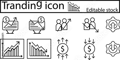 Set of financial trading icons with transparent background, featuring stock market growth, business analytics, investment trends, economic rise, and decline indicators.