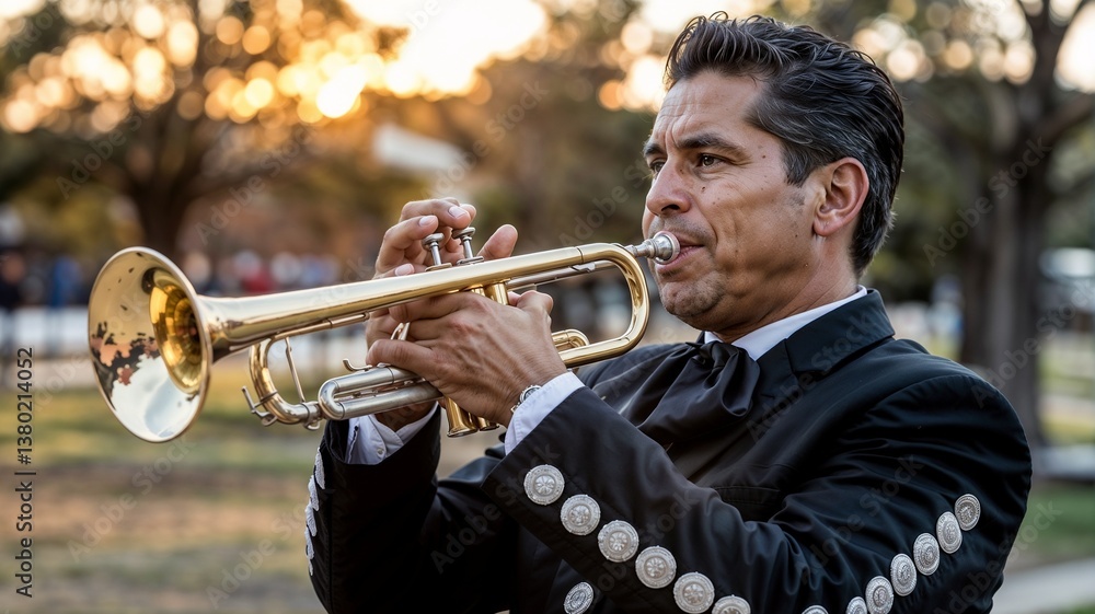 Obraz premium Professional Mariachi Trumpeter Performing at Golden Sunset in Park