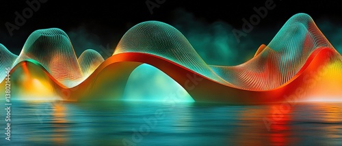 A vibrant abstract representation of colorful waves undulating over a reflective water surface, creating a mesmerizing visual effect with soft lighting and a dreamlike atmosphere