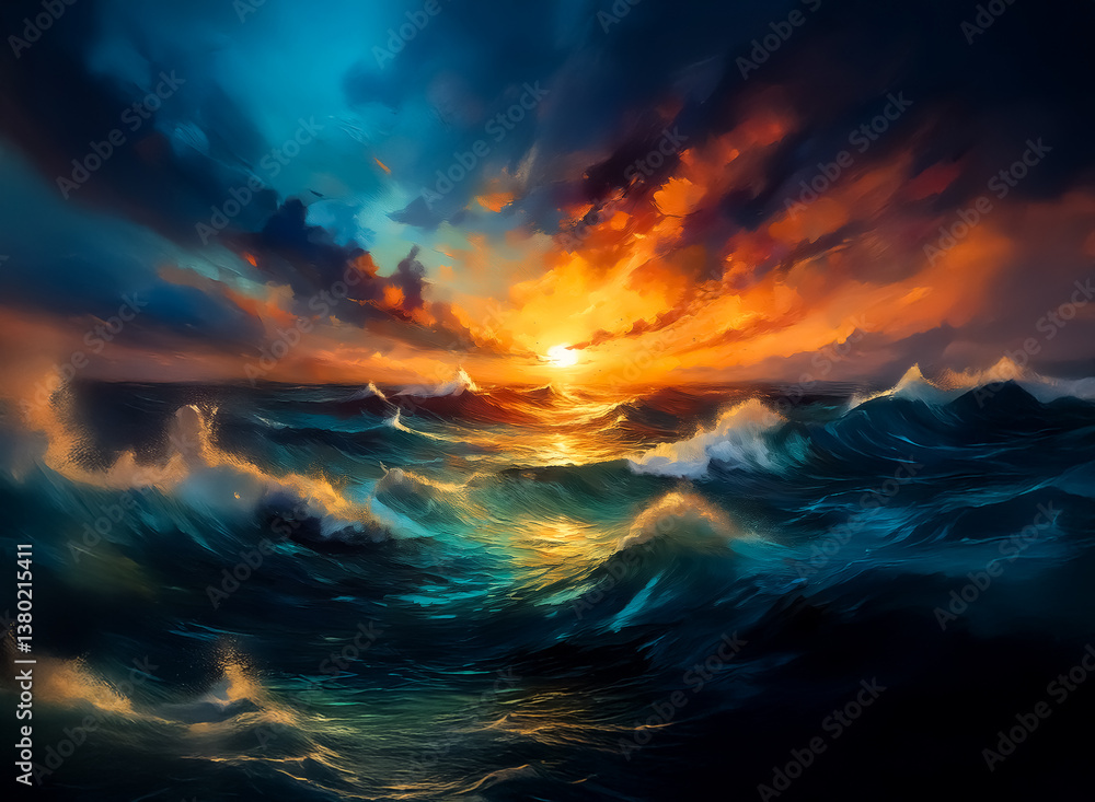 Obraz premium Ocean waves under a dramatic sunset sky. The golden sunlight reflects on the water as clouds swirl above, painting the scene with vibrant colors.