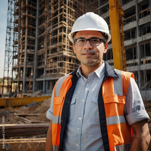 Portrait of a handsome male builder wearing an orange uniform and helmet against the background of a building under construction 
