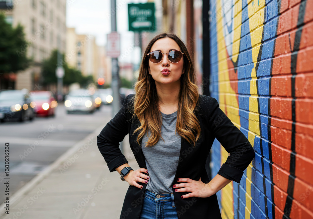 Fototapeta premium Stylish Woman in Sunglasses Blowing a Kiss by a Colorful Wall - Urban Fashion Portrait - International Kissing Day
