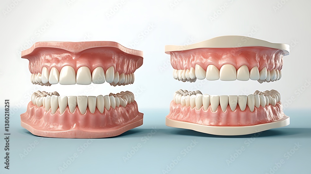 Obraz premium Educational infographic showing before and after of a full mouth reconstruction using implants, side-by-side views with clean blue and white background, minimalistic and modern. --ar 16:9