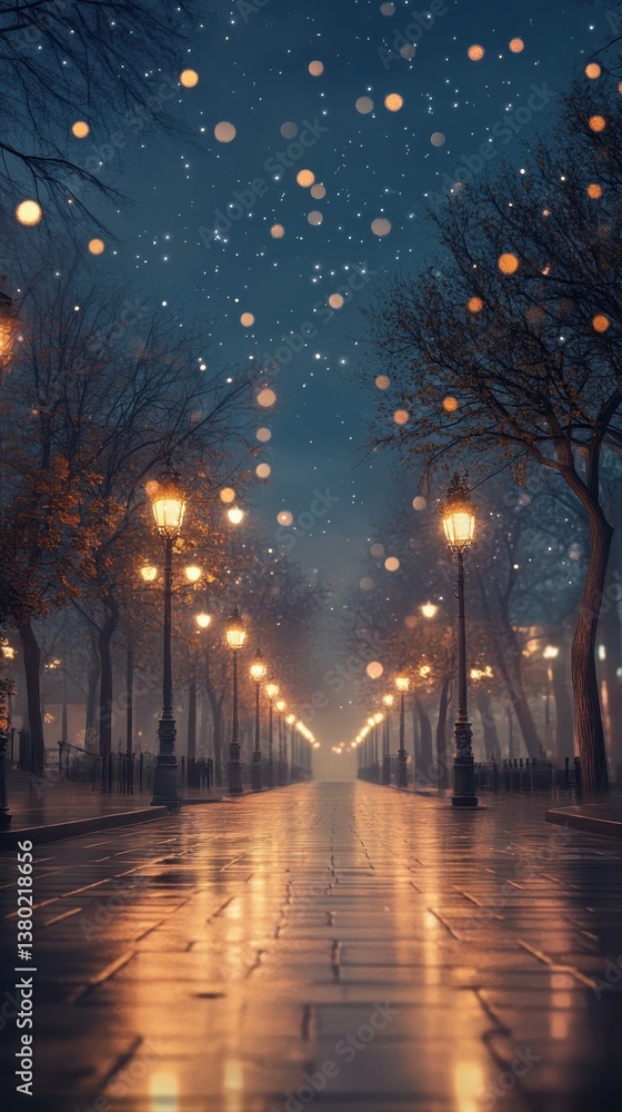 Enchanting Avenue at Night: A mystical twilight scene unfolds, as a long avenue is framed by glowing lampposts under a starry night sky. Enchanting Avenue at Night: A mystical twilight scene unfolds, as a long avenue is framed by glowing lampposts under a starry night sky.