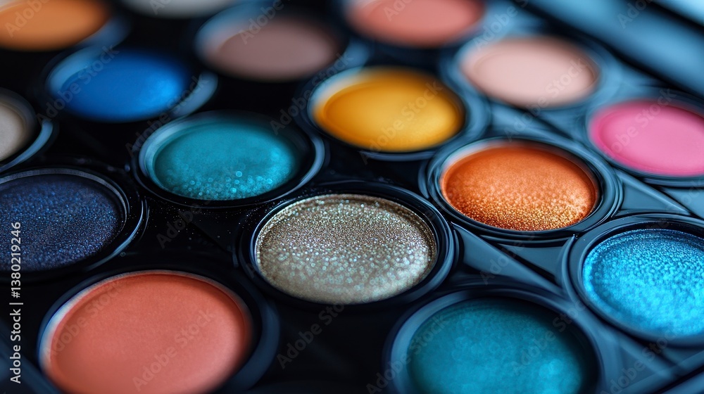 Colorful palette of eyeshadows in a black container close-up Colorful palette of eyeshadows in a black container close-up