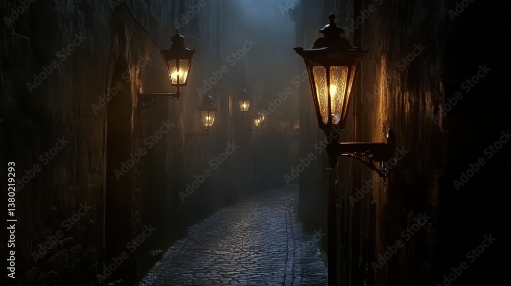 Obraz premium Echoes of Yesterday: An atmospheric shot of a historic European alleyway, illuminated by the soft glow of vintage lamps, evokes a sense of mystery and the passage of time.
