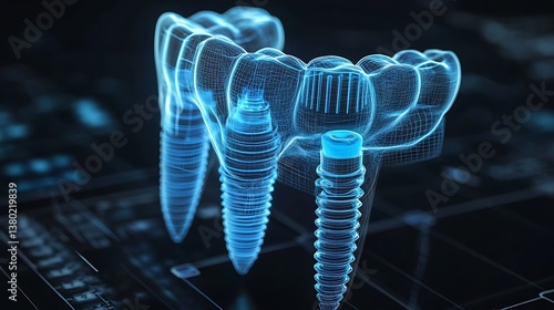 High-detail dental implant 3D x-ray rendering, bone structure in soft glass-like transparency, implant screw glowing blue, futuristic medical scan interface, black gradient backdrop. --ar 16:9