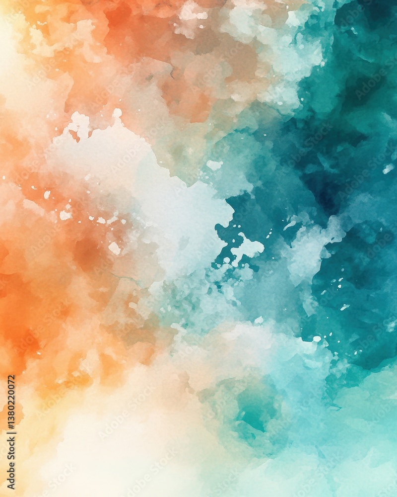 Obraz premium A vibrant abstract watercolor painting featuring a blend of warm orange and cool teal hues, creating a dynamic and energetic atmosphere suitable for creative projects