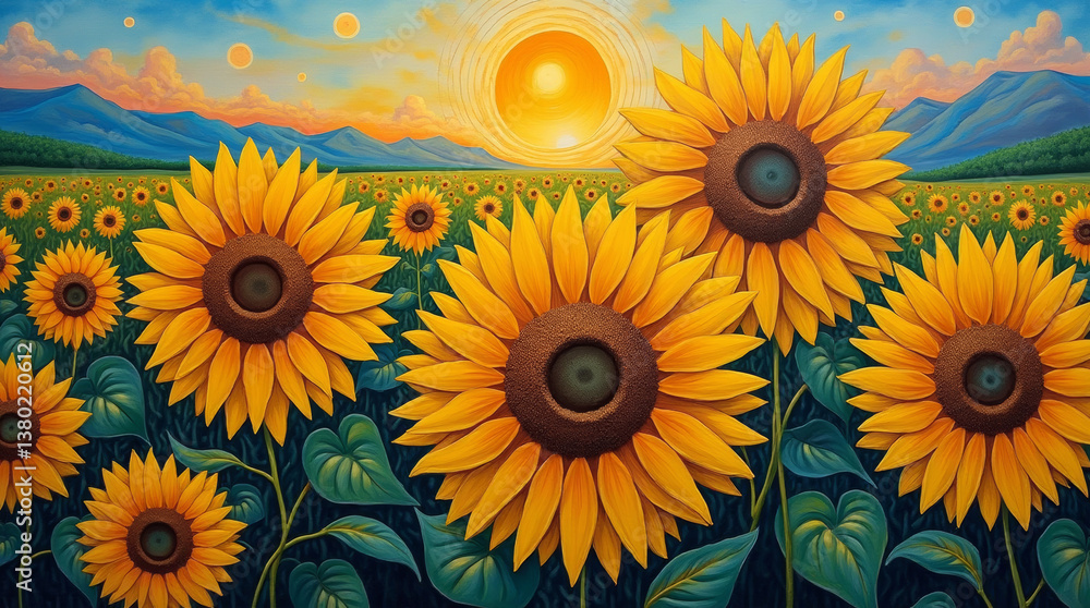 Obraz premium Beautiful painting with a field of sunflowers against the background of the sun and mountains, illustration