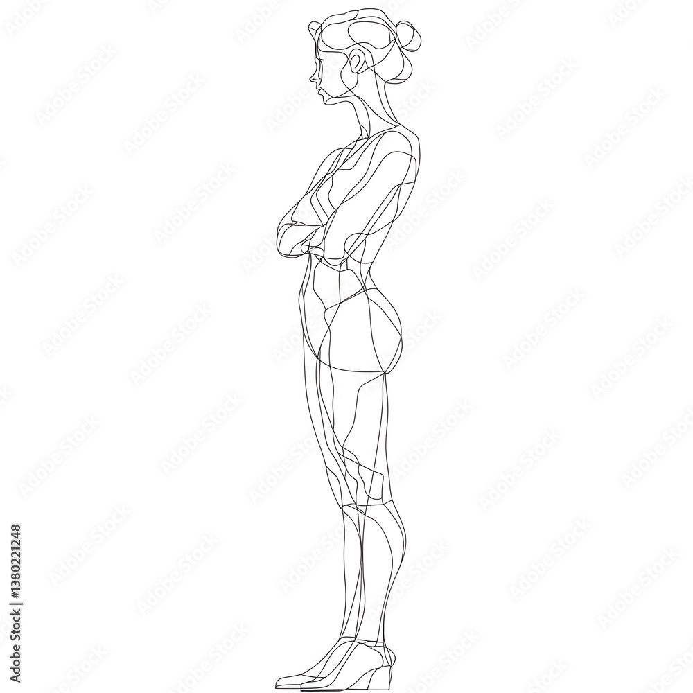 Continuous line drawing of a thoughtful woman standing in contemplation Continuous line drawing of a thoughtful woman standing in contemplation