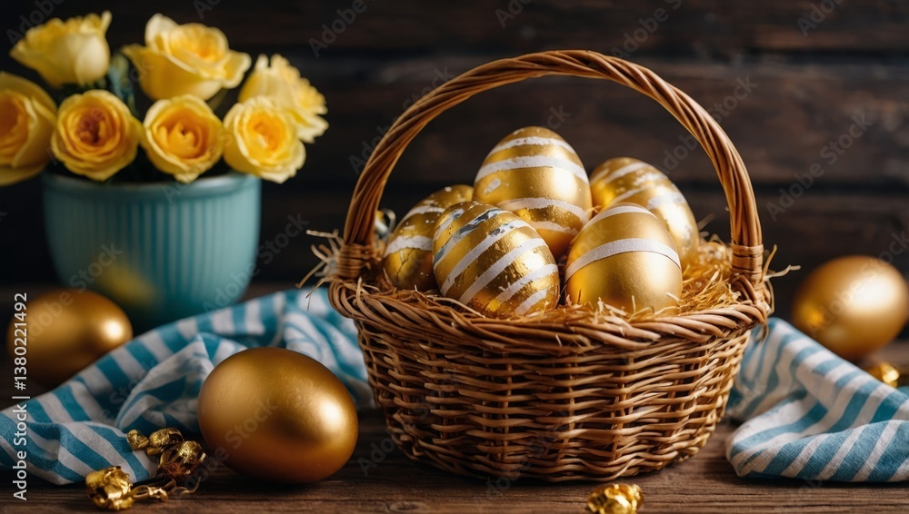 Golden Easter eggs in a wicker basket with yellow flowers and striped fabric. Elegant spring holiday still life on wooden table Golden Easter eggs in a wicker basket with yellow flowers and striped fabric. Elegant spring holiday still life on wooden table