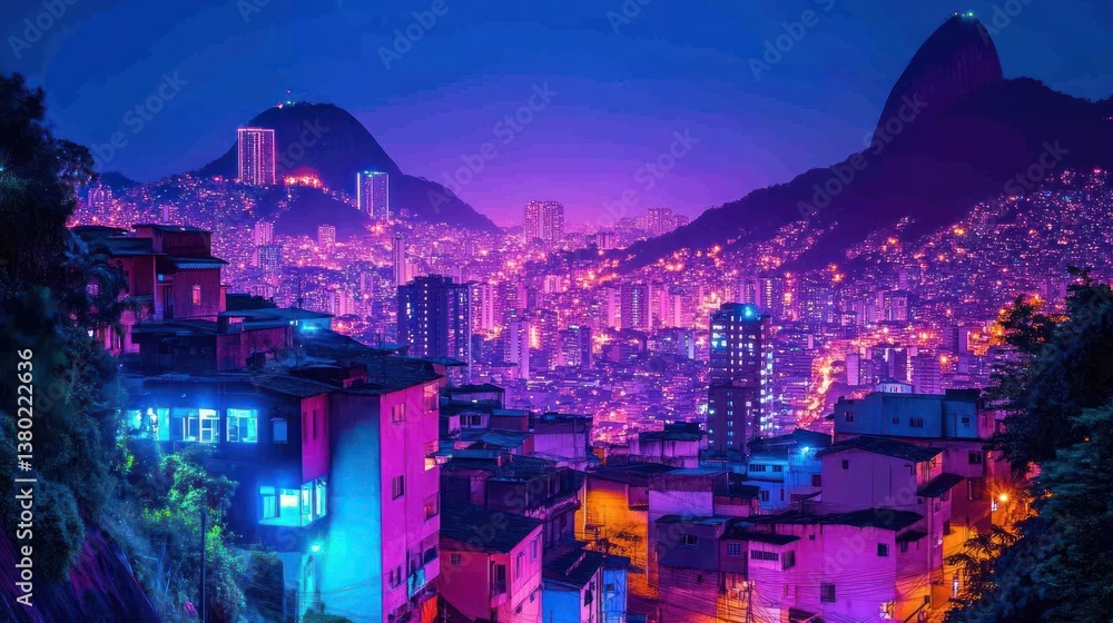 Obraz premium Vibrant Night Cityscape, Rio de Janeiro, mountain backdrop, glowing colors