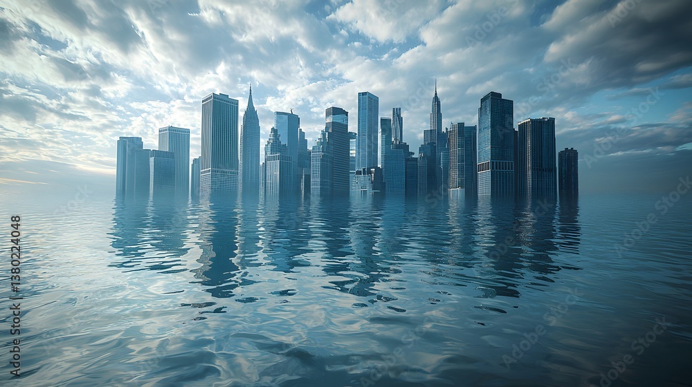 Fototapeta premium Dramatic urban flooding scene with a coastal city skyline submerged in water