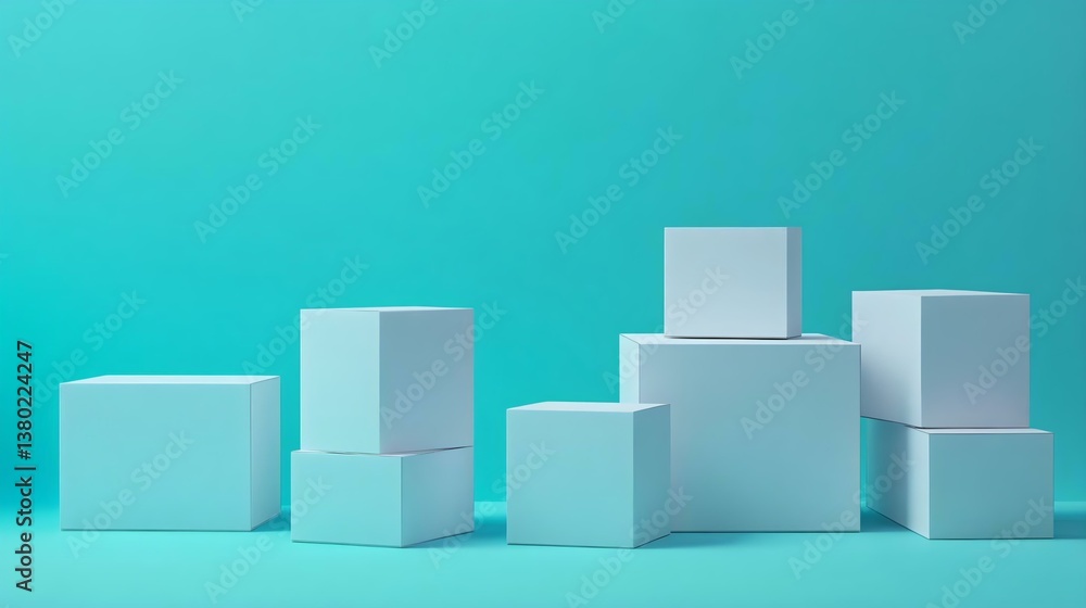 Minimalist composition of white cubes on a vibrant turquoise background, perfect for product display, packaging design or modern decor. Minimalist composition of white cubes on a vibrant turquoise background, perfect for product display, packaging design or modern decor.