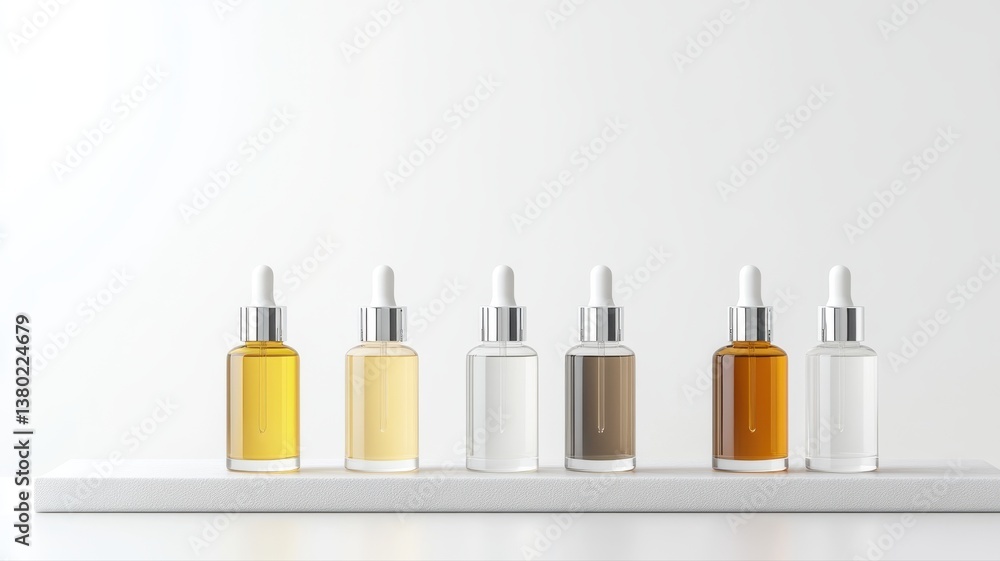 Collection of assorted cosmetic serum bottles on white shelf, showcasing elegance and simplicity. Collection of assorted cosmetic serum bottles on white shelf, showcasing elegance and simplicity.