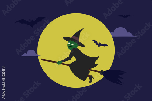 halloween witch flying on broom