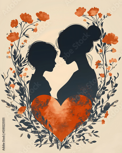 Wallpaper Mural Mother and Child Silhouette: A tender and heartfelt silhouette captures the bond between a mother and child, surrounded by a wreath of delicate flowers, symbolizing love and nurturing. Torontodigital.ca