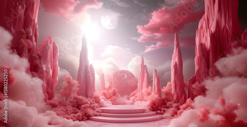 Wallpaper Mural Whimsical Dreamscape: A surreal, ethereal scene of pink clouds, rock formations, and a distant moon creates a magical, dreamlike world. Torontodigital.ca