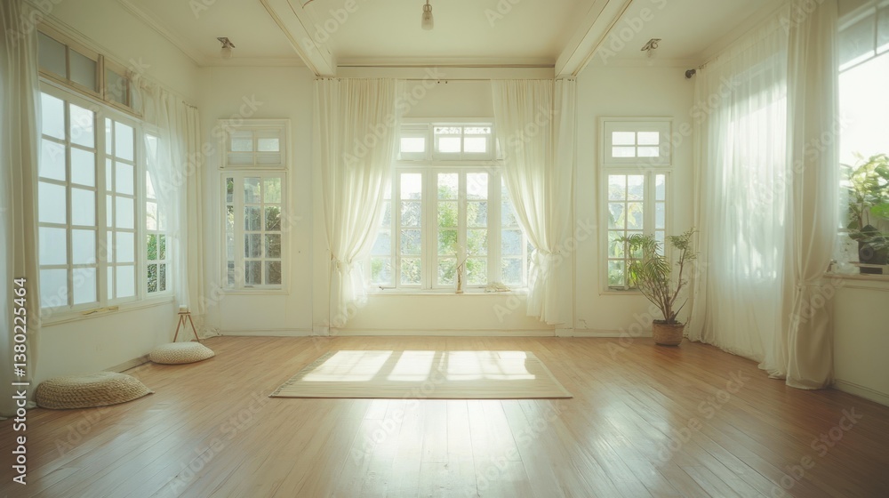 Obraz premium An empty room bathed in sunlight with windows and curtains