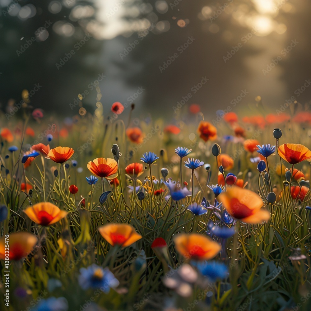 Obraz premium Wildflower Meadow in the Morning Mist.