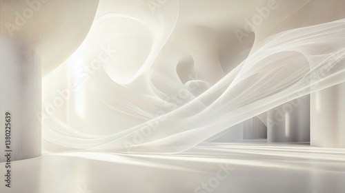 A serene and minimalist interior scene with soft flowing white drapes, illuminated by gentle light, creating a tranquil and airy atmosphere.