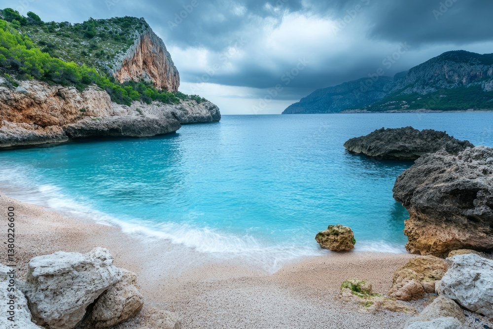 Rocky shoreline along a tranquil beach with calm water and clear blue sky Rocky shoreline along a tranquil beach with calm water and clear blue sky
