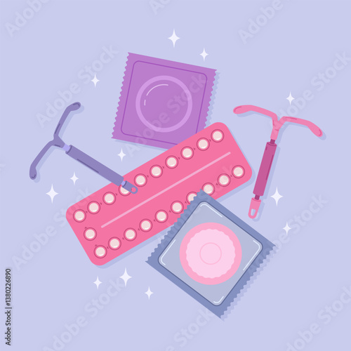 Vector set of blister packs of hormonal contraceptive pills, IUDs and condoms. Types of contraception methods for women and men, protection against infections and unwanted pregnancy. Safe sex concept