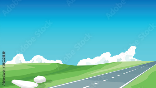 Stylized landscape with a asphalt road goes straight ahead. Fluffy white clouds dot a bright blue sky above rolling green hills. Whimsical scene that evokes a sense of journey and open space.