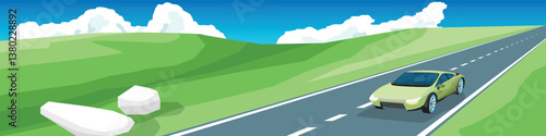 Landscape view of green sport car driving on asphalt road. Can view interior with driving man. Background of meadow and hills with rock. Fluffy white clouds dot a bright blue sky.